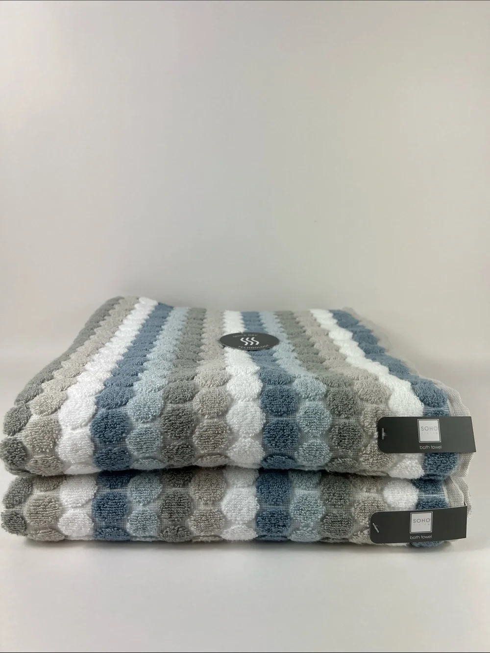 Soho Living Bath Towels in Blue, Gray, White Striped Zero Twist Cotton 2 Pc NEW